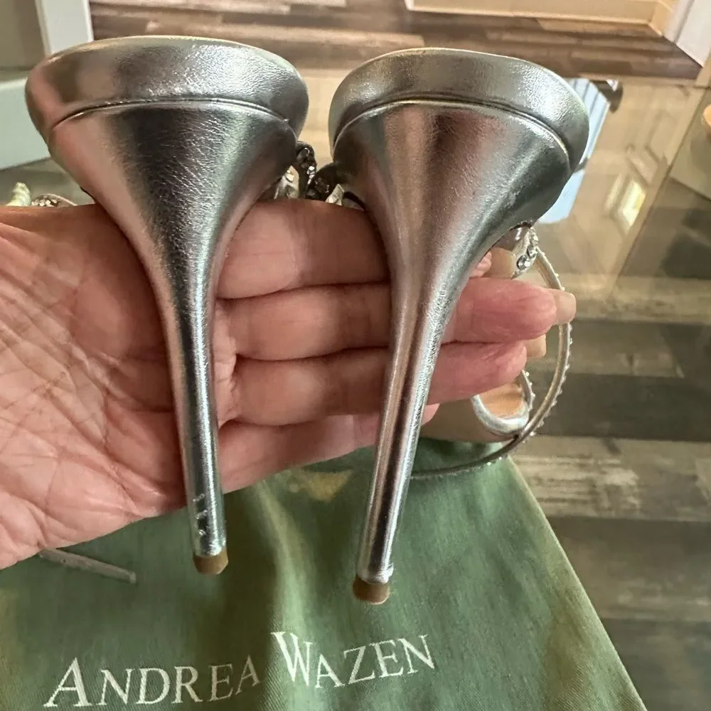 Andrea Wazen Silver Strappy Heels with Rhinestones